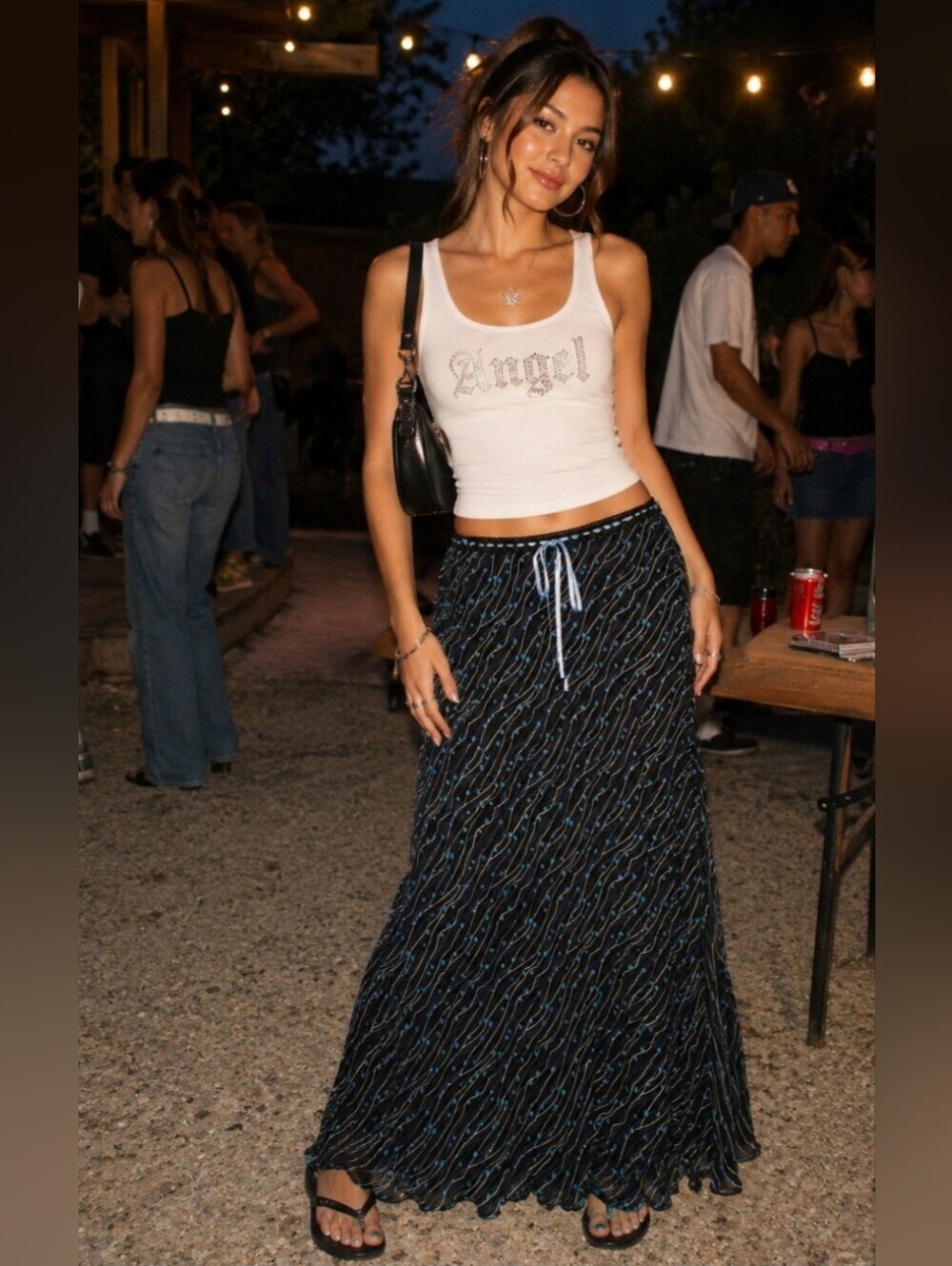 Madison and Max Vintage Y2K Era Polka-dot Stretchy Waistband Maxi Skirt lined